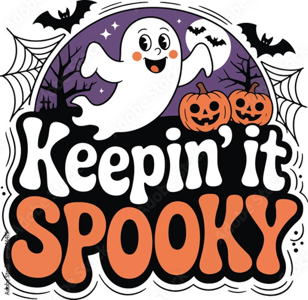 Obraz Halloween T-Shirt Design with Cute Ghost and Pumpkins