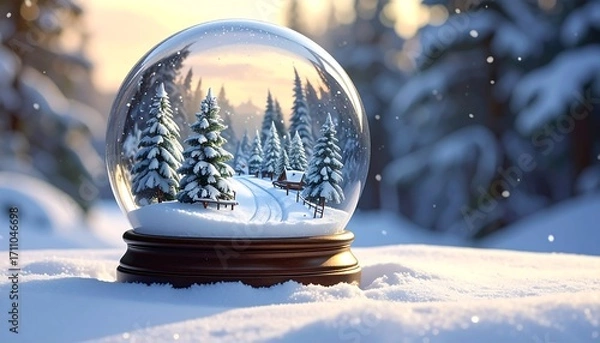 Fototapeta A winter wonderland scene within a glass snow globe, showcasing snow-covered pines, a rustic village, and a serene wintery ambiance.