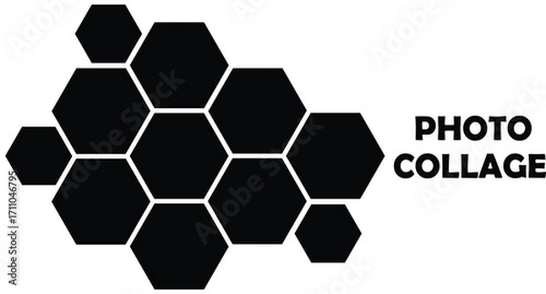 Fototapeta Black hexagon photo collage template. Honeycomb layout design element, blank frames for photo collection, overlay, montage, clipping, layer mask. Vector illustration.