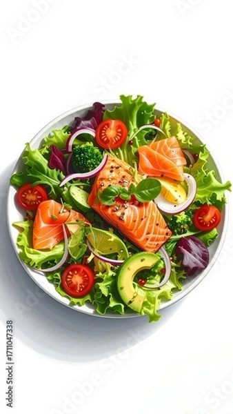 Fototapeta Vibrant salad with grilled salmon, fresh vegetables, and avocado displayed in a white plate, featuring a delightful array of colors and textures.