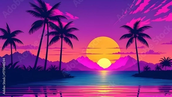 Obraz Illustration of a vibrant sunset over a tropical sea with palm trees silhouetted against a colorful sky.