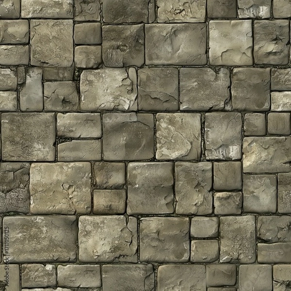 Fototapeta Seamless realistic top-down view of a cobblestone floor. It's a close-up of a rustic, textured outdoor pavement made of weathered gray and brown stones with visible cracks and moss
