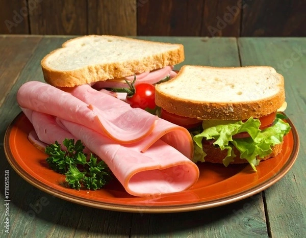 Obraz Two ham and cheese sandwiches sit on a rustic wooden table, displayed on an orange plate, showcasing the sliced ham and fresh ingredients.