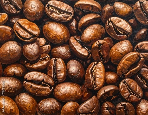 Fototapeta Detailed close-up of richly textured coffee beans, showcasing intricate patterns and warm brown tones.