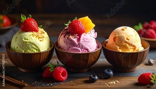 Fototapeta Three scoops of delicious ice cream, each in a unique wooden bowl, are artfully arranged on a dark wooden table.