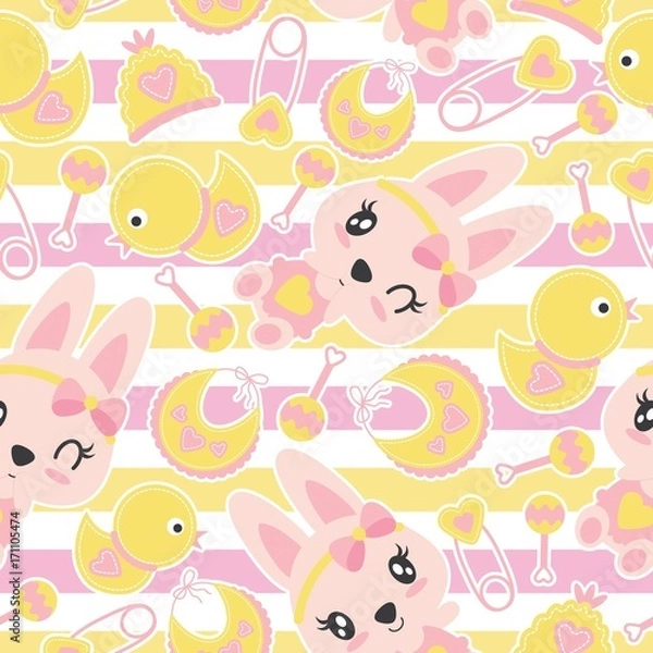 Fototapeta Seamless pattern of cute bunny girls and baby shower items on striped background vector cartoon illustration for baby shower wrapping paper, fabric clothes, and wallpaper