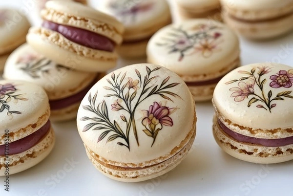 Fototapeta Delicate puff pastry macarons with a sweet and tangy raspberry filling