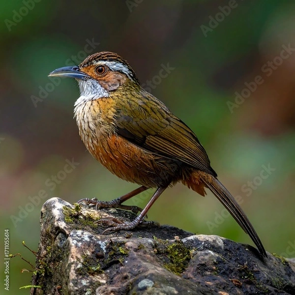 Fototapeta A close-up of a vibrant, small bird perched atop a weathered rock, showcasing its intricate plumage in a mix of golden, orange, and brown tones.