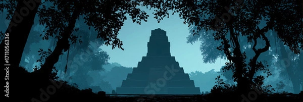 Fototapeta A striking silhouette of a Mayan temple pyramid viewed through dense jungle foliage against a pale blue, atmospheric sky.