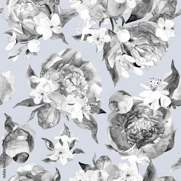 Fototapeta Botanical seamless pattern with abstract flowers and peony sulhouettes for textiles. High quality illustration