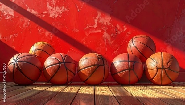 Fototapeta Stacked basketballs rest against a vibrant red wall, illuminated by sunlight, casting warm shadows on a wooden floor.