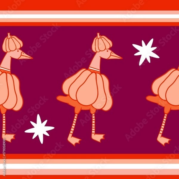 Fototapeta Autumn harvest vegetable seamless monster Halloween duck pumpkins pattern for wrapping paper and fabrics