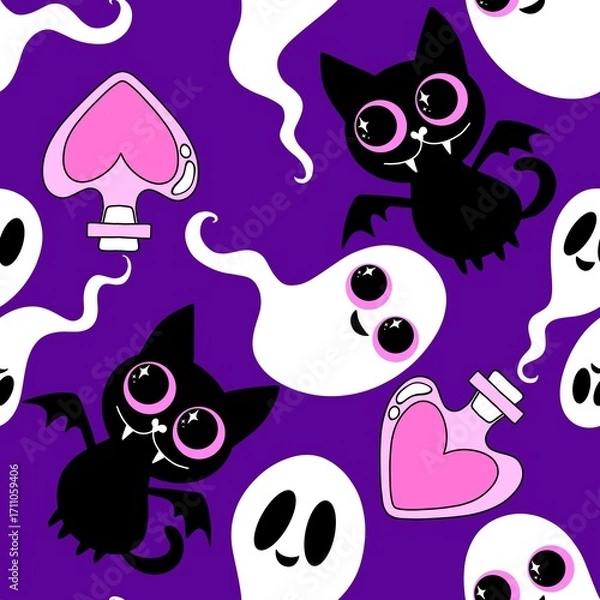 Fototapeta Halloween animals seamless cats pattern for wrapping paper and fabrics and linens and kids clothes print