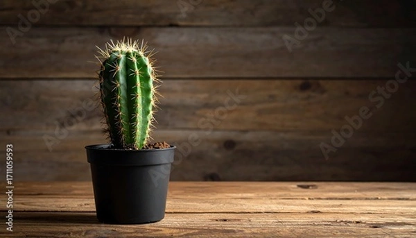Fototapeta A solitary green cactus in a dark pot, displayed against a rustic wooden backdrop.