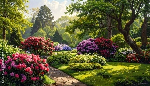 Fototapeta A vibrant garden path winds through a colorful display of rhododendrons and lush greenery, bathed in the warm sunlight of a beautiful spring day.
