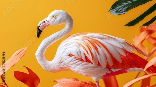 Fototapeta Flamingo is standing on a yellow background with orange leaves. The flamingo is the main focus of the image, and the bright colors of the background and leaves create a vibrant