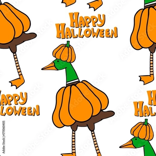 Fototapeta Autumn harvest vegetable seamless monster Halloween duck pumpkins pattern for wrapping paper and fabrics