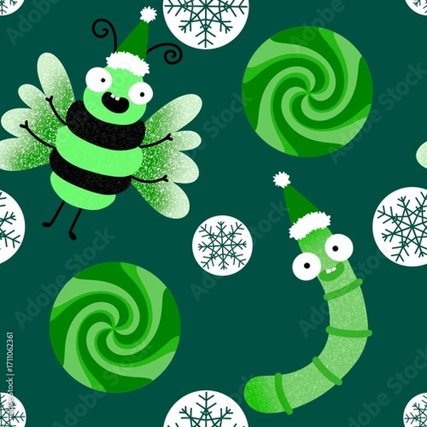 Fototapeta Christmas kids caterpillars seamless worms and bees pattern for fabrics and textiles and packaging and linens