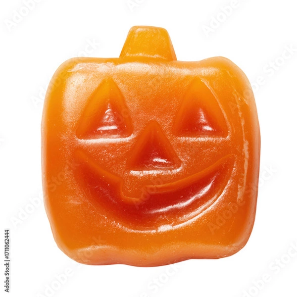 Fototapeta Halloween candy in the shape of a smiling pumpkin for festive fun, isolated on transparent cutout background