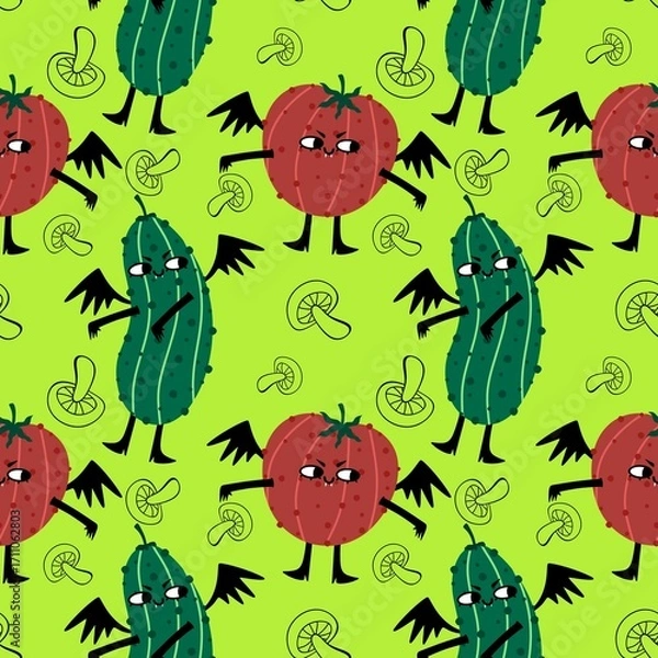 Fototapeta Halloween monsters vegetables seamless tomato and cucumber pattern for wrapping paper and fabrics