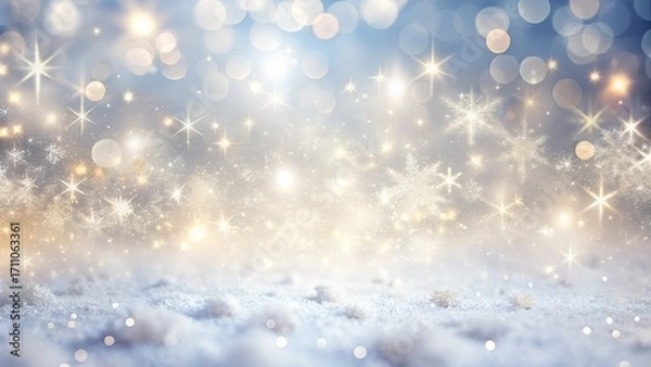 Obraz A magical winter wonderland scene with soft, glowing bokeh lights and sparkling snowflakes scattered across a snowy landscape, evoking a festive and ethereal holiday atmosphere