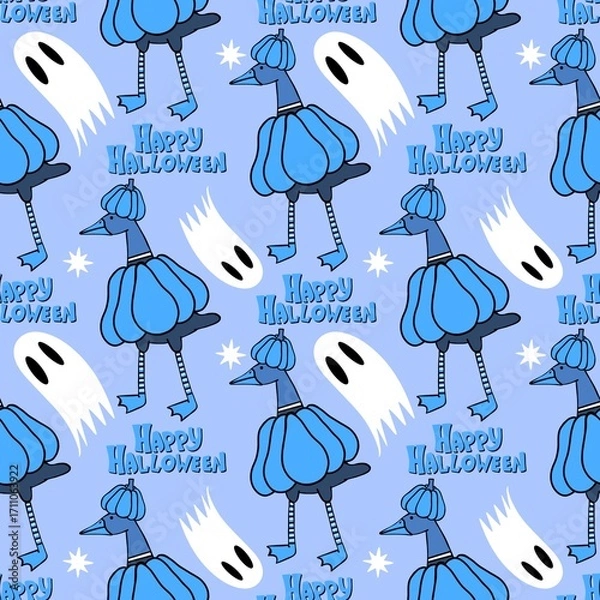 Fototapeta Autumn harvest vegetable seamless monster Halloween duck pumpkins pattern for wrapping paper and fabrics