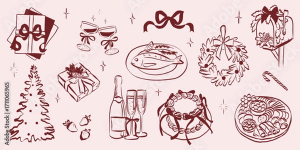 Fototapeta Whimsical chalk doodles of Christmas party. Quirky icons of breakfast and dinner meals in crayon style. Crayon drawing for menus and invitations. Handwriting quirky vector illustration