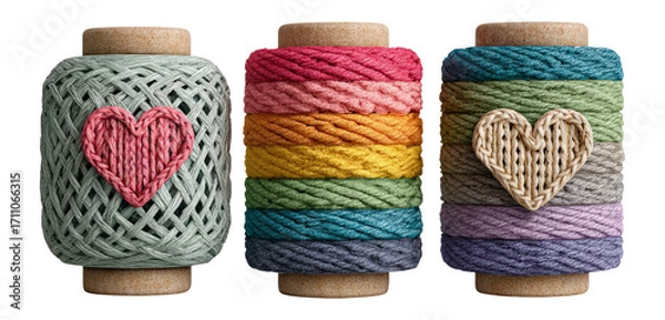 Fototapeta Colorful Spools of Twine with Unique Heart Designs on Isolated Transparent Background