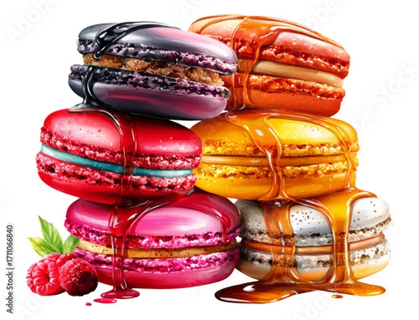 Fototapeta Colorful Macarons with Drizzled Sauce on Transparent Background Isolated Image