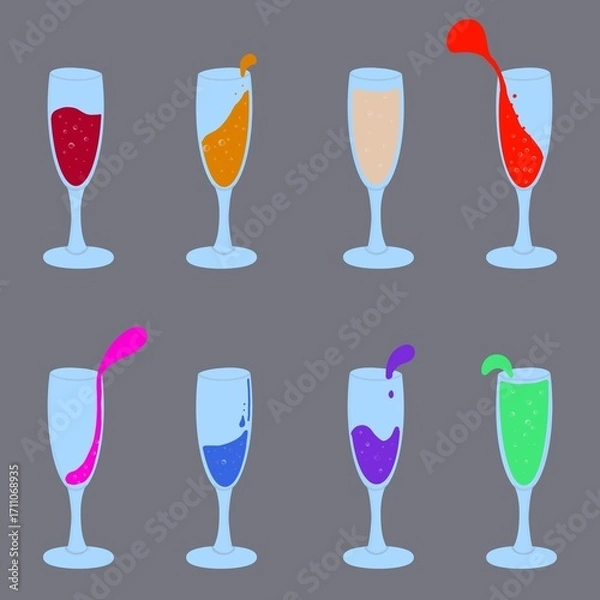 Fototapeta A set of wine or champagne glasses with colorful drinks. Vector illustration.