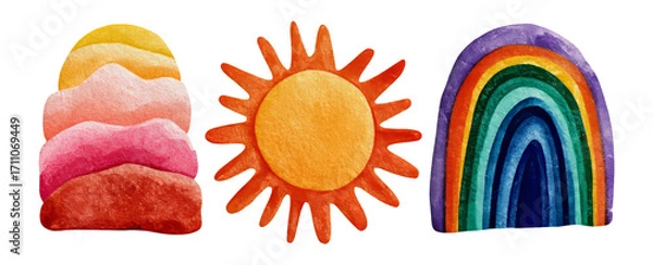 Fototapeta Colorful Watercolor Shapes of Ice Cream, Sun, and Rainbow on Transparent Background