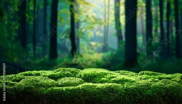 Fototapeta green moss and background backdrop for displaying products dark forest background