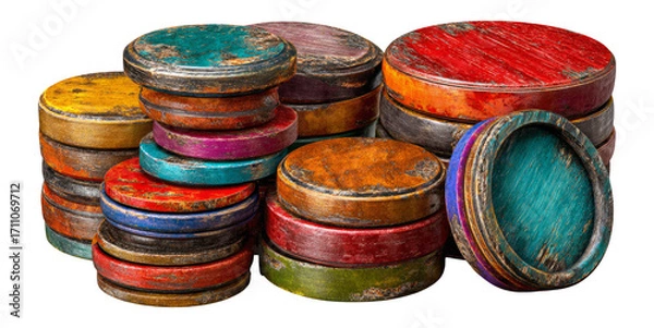 Fototapeta Vintage Colorful Wooden Discs Stacked and Isolated on Transparent Background