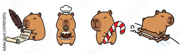 Obraz A set of four cute cartoon capybaras celebrating Christmas and winter holidays. This festive collection includes a capybara writing a letter to Santa, cooking a Christmas pudding, holding a candy cane