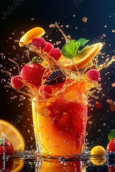 Fototapeta A vibrant splash of orange juice with falling strawberries, raspberries, and blackberries, captured in a dynamic, high-speed photograph
