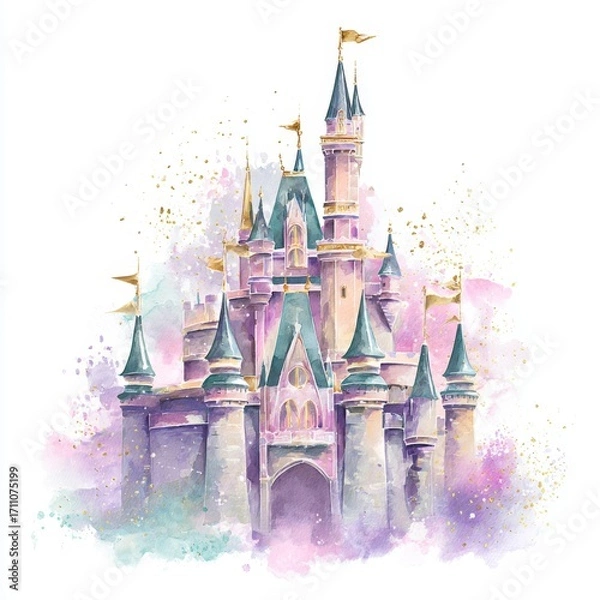 Fototapeta Whimsical princess castle with shimmering towers and gold flags  for nursery decor