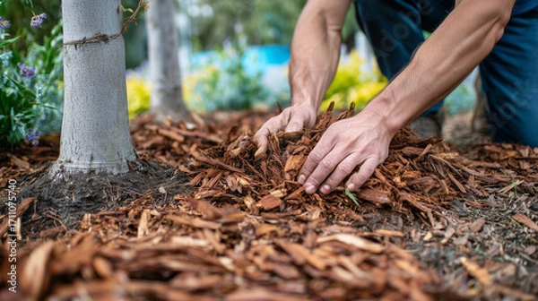Fototapeta Person Spreading Mulch Around the Base of Trees