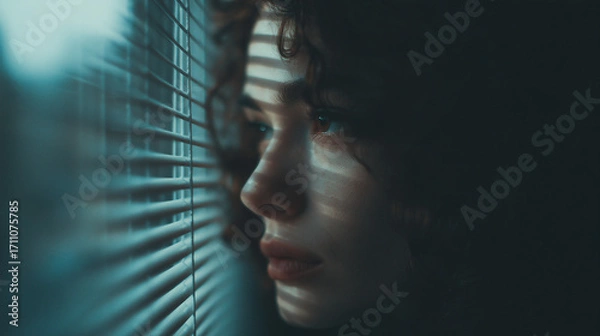 Fototapeta Person Looking Out a Window with Blinds Half Closed, Suspicious Mood