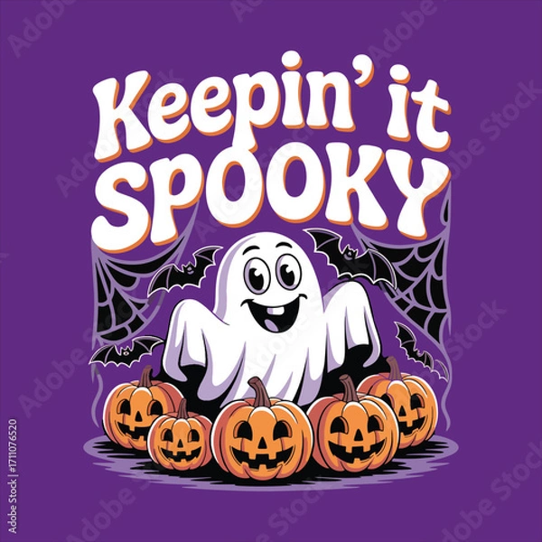 Obraz Halloween T-Shirt Design with Happy Ghost, Pumpkins, and Bats