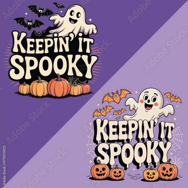Obraz Halloween T-Shirt Design with Cute Ghost, Pumpkins, and Bats