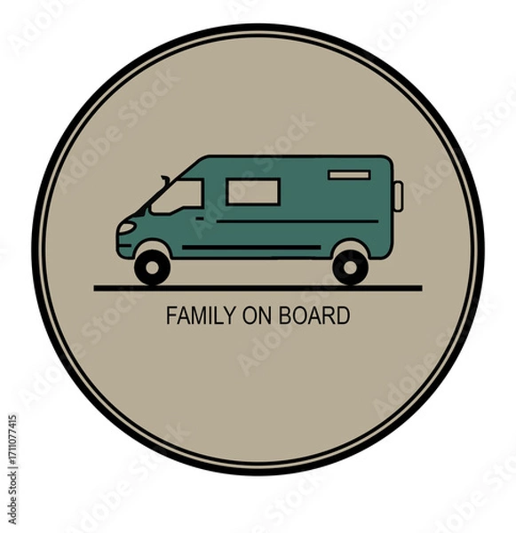 Fototapeta Minimalist round badge with a camper van illustration and the phrase “Family on Board”, perfect for travel, adventure, and road trip concepts