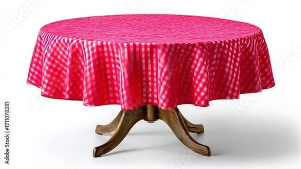 Fototapeta Red checkered tablecloth is draped over a wooden table
