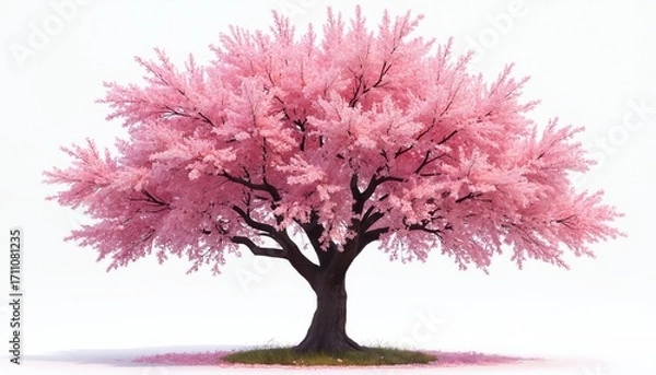 Fototapeta Pink cherry blossom tree with dark trunk and scattered petals on ground. Full bloom branches reach outwards creating full canopy against white backdrop.
