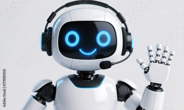 Obraz Friendly White Robot Waving with Blue Glowing Eyes and Headset on White