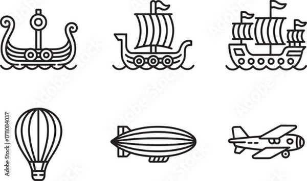 Fototapeta Viking Ships and Early Aviation A Collection of Vector Graphics for Historical and Adventure Themes