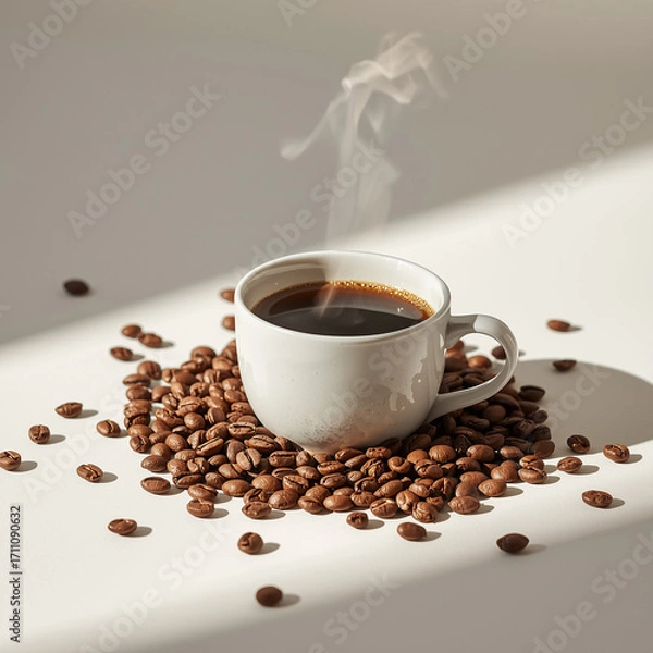 Fototapeta An image of a cup of warm coffee. Fresh coffee cup surrounded by beans a wooden table.