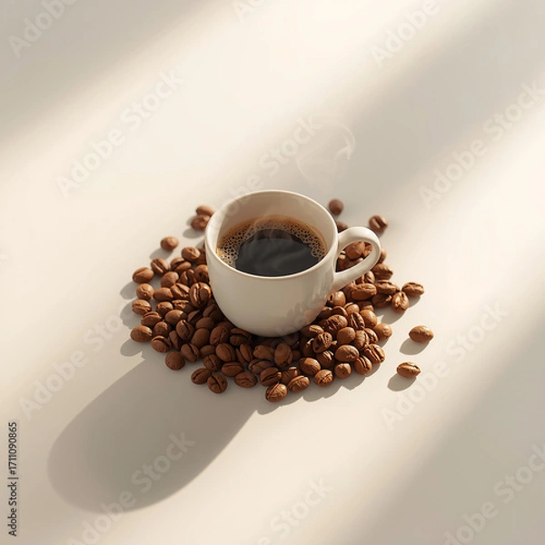 Fototapeta An image of a cup of warm coffee. Fresh coffee cup surrounded by beans a wooden table.