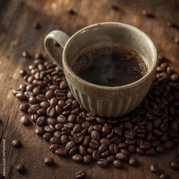Fototapeta An image of a cup of warm coffee. Fresh coffee cup surrounded by beans a wooden table.