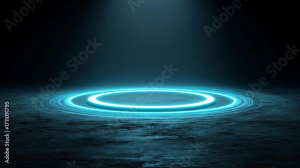 Fototapeta Glowing blue circle on dark floor creates a mystical atmosphere