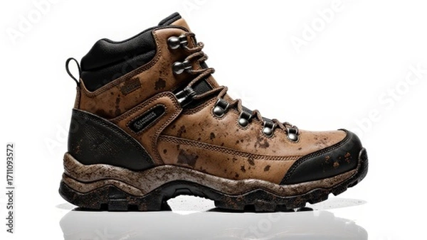 Fototapeta Mud-splattered brown leather hiking boot